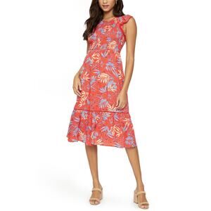 Lost + Wander 'Still'On Vacay' Red Polka Dot Tropical Print Smocked Midi Dress